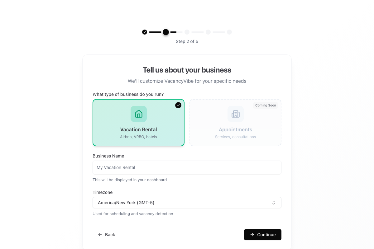 Business setup screen